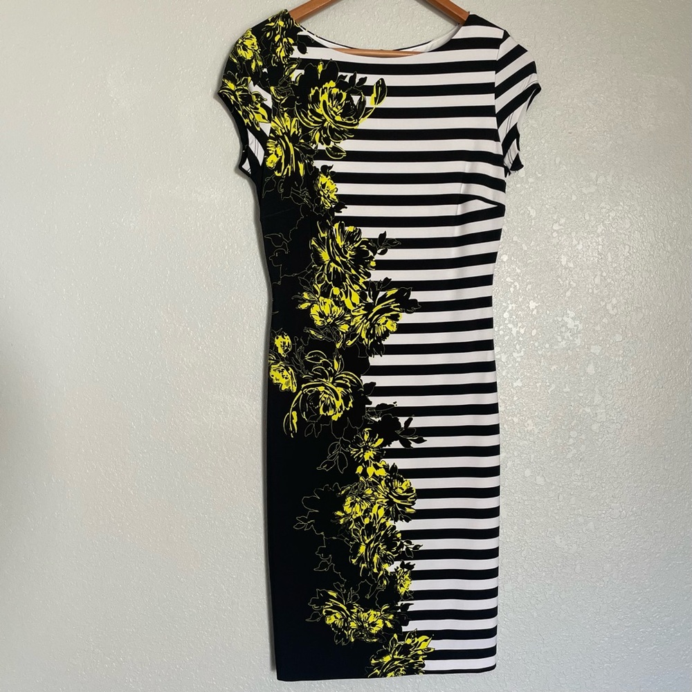 Cache - Black White Striped Midi Dress Yellow Flowers - Size S